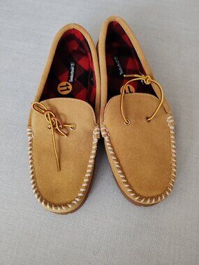 Timberland Men’s Stony Ledge Moccasin Slippers Leather Plaid Lined Tan Size 11
